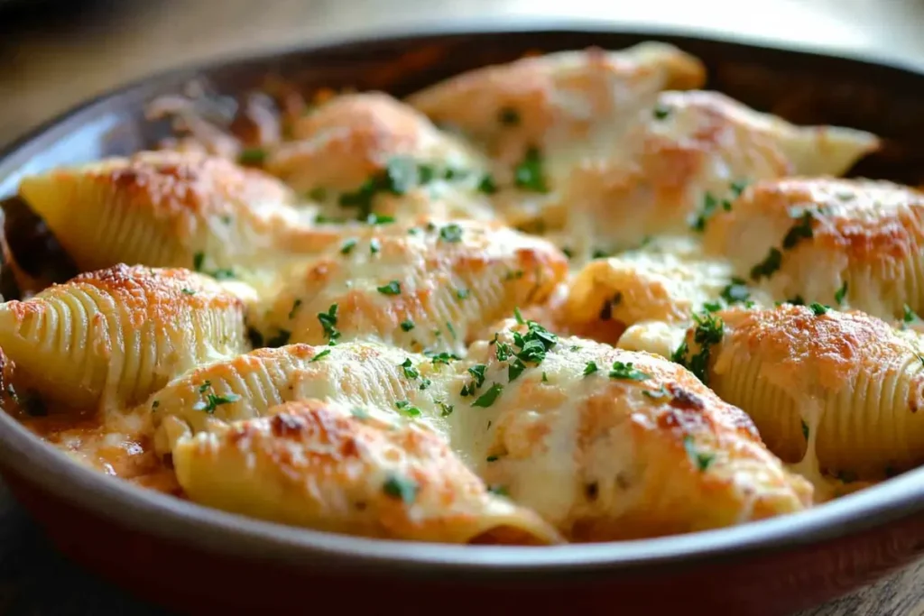 A casserole dish filled with freshly baked chicken stuffed shells, garnished with parsley, with melted cheese bubbling on top, served on a rustic kitchen table.