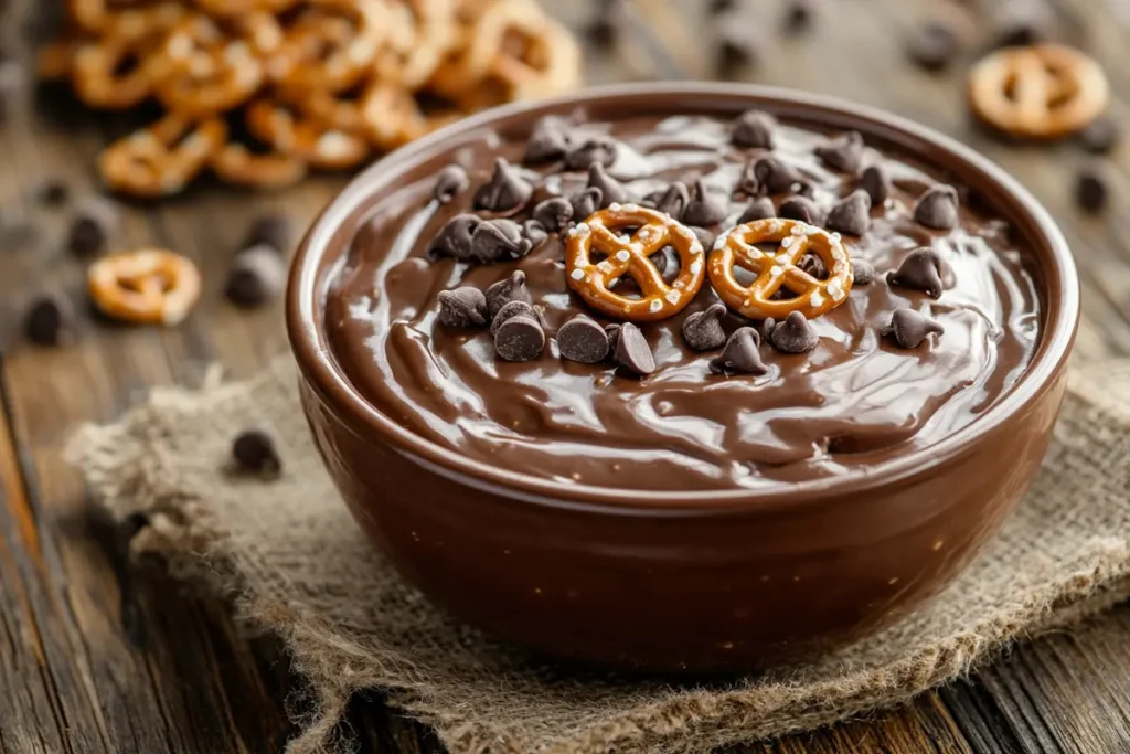 A bowl of chocolate instant pudding garnished with crushed pretzels and chocolate chips, highlighting a salty-sweet twist for pudding lovers.