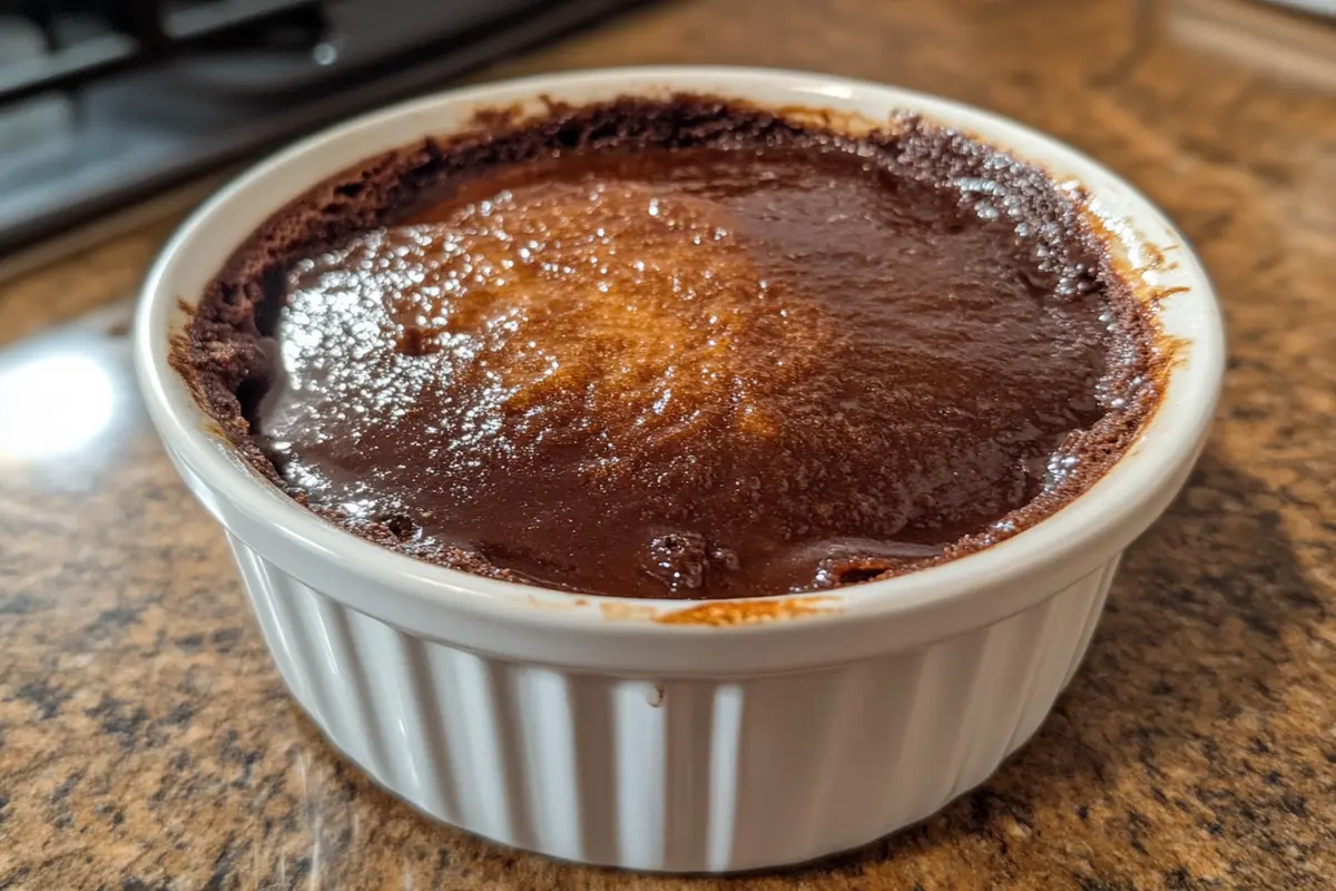 A close-up of a chocolate self-saucing pudding, showing its rich, bubbling sauce and golden brown top, fresh from the oven.