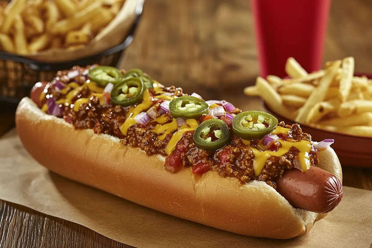 A detailed view of an Arkansas-style hot dog featuring chili, melted cheese, onions, and jalapeños. Perfect representation of Arkansas flavors.