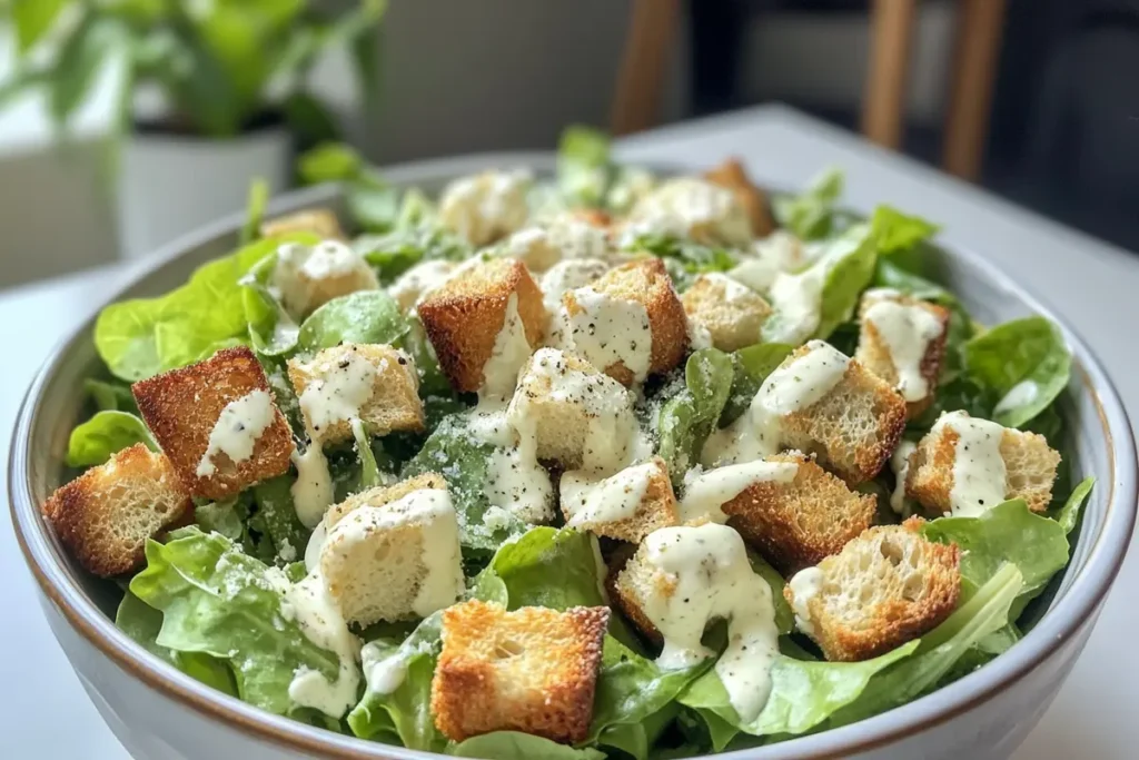 A vibrant Caesar salad in a ceramic bowl, showcasing crisp greens, Parmesan, and croutons, ideal as a side dish for stuffed shells.