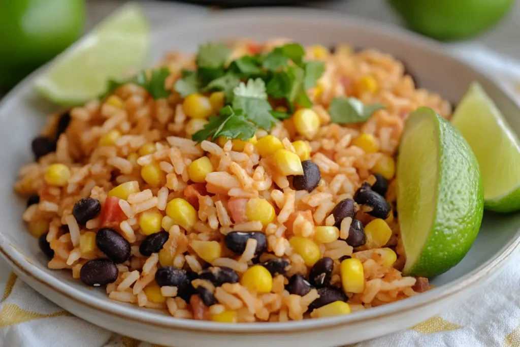 Plates of Spanish rice, refried beans, and black bean and corn salad, paired with lime wedges, creating a perfect taco accompaniment.