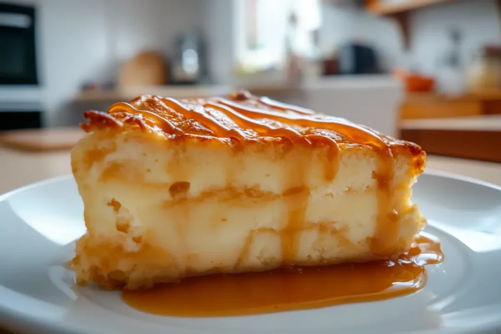 A close-up view of bread pudding slice showing a soft custard-like texture and caramel drizzle, a key feature of dessert perfection.