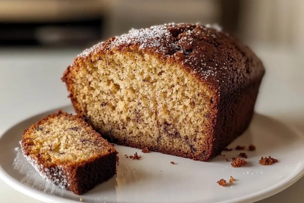 Close-up of a sliced banana bread loaf showing its moist texture and soft crumb, styled casually on a white plate with crumbs scattered around.