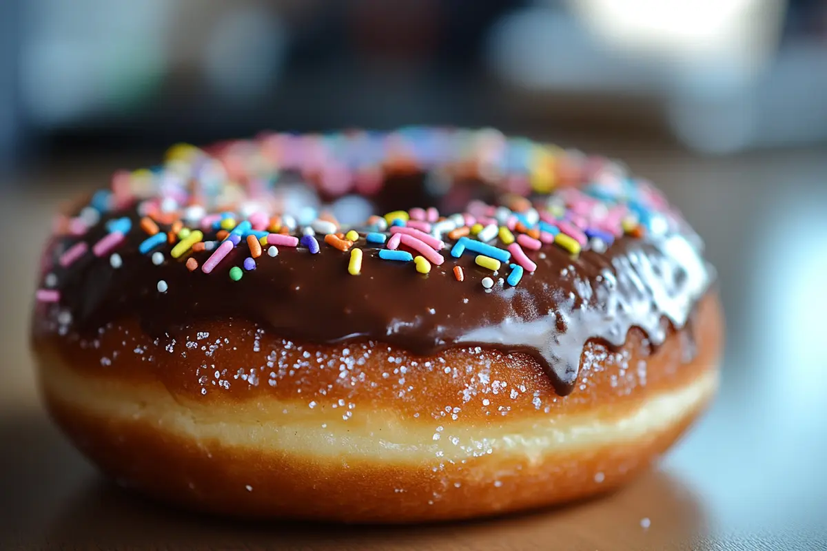 A chocolate-frosted, cream-filled donut with rainbow sprinkles, showcasing its sugary sheen and high-calorie, indulgent appeal.