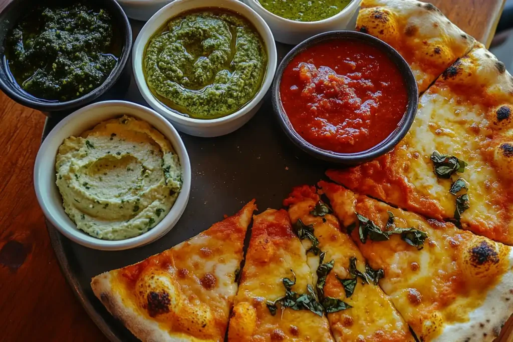 Vibrant dinner table with a variety of dips including hummus, queso, and pesto, next to a half-eaten pizza slice.