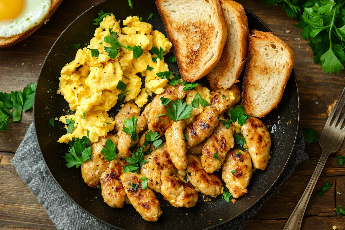 Cooked Costco chicken breakfast sausage on a skillet, garnished with parsley, paired with eggs and toast, on a rustic dining table.