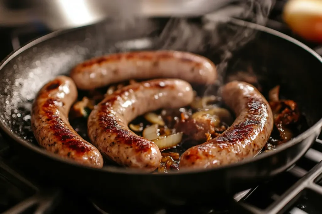 Chicken breakfast sausages sizzling in a frying pan, accompanied by colorful sautéed vegetables, ideal for a healthy meal.