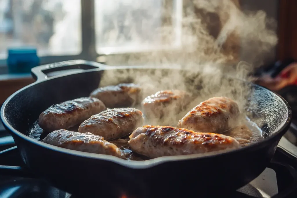 A stovetop shot of chicken and turkey sausages sizzling in a cast iron skillet, highlighting their texture and cooking methods for health analysis.