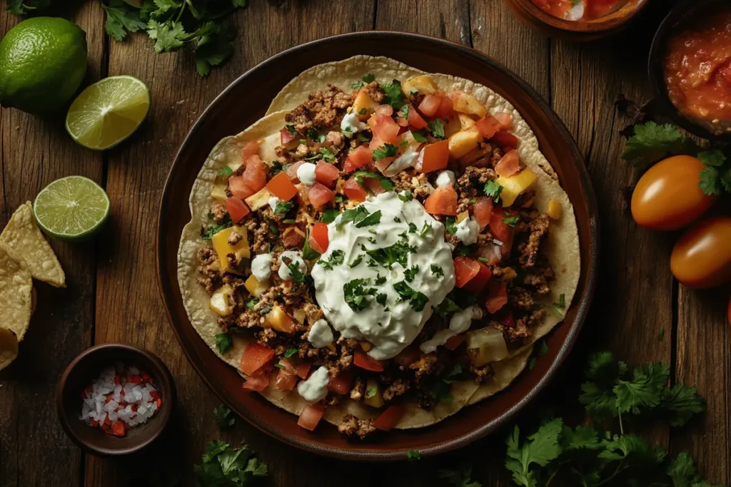 A realistic image of tacos topped with a creamy cheese spread, garnished with fresh cilantro and lime, highlighting the substitution of cream cheese for sour cream.