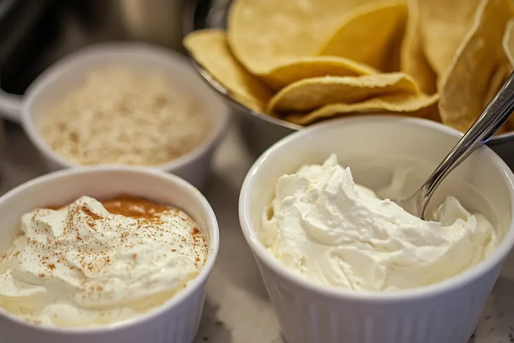 A detailed view of cream cheese and sour cream containers with taco ingredients nearby, emphasizing the comparison of the two dairy products.