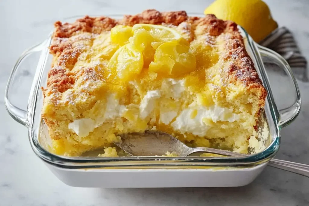 A close-up of Lemon Dump Cake with a golden crust, creamy filling, and lemon topping, served in a glass baking dish.