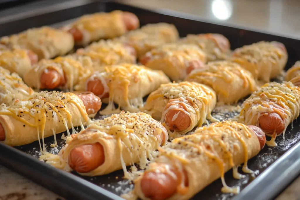 A baking sheet with crescent dogs assembled, showing hot dogs wrapped in crescent dough with optional cheese fillings. Captured in a home kitchen.