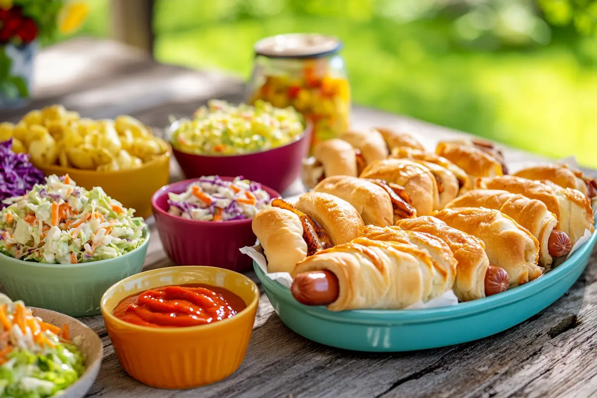 A rustic platter featuring crescent hot dogs with creamy coleslaw, potato salad, and savory dipping sauces on a wooden table.