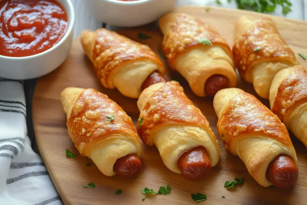 Golden-brown crescent roll hot dogs on a wooden board, topped with melted cheese and garnished with fresh parsley, served alongside bowls of ketchup for dipping.