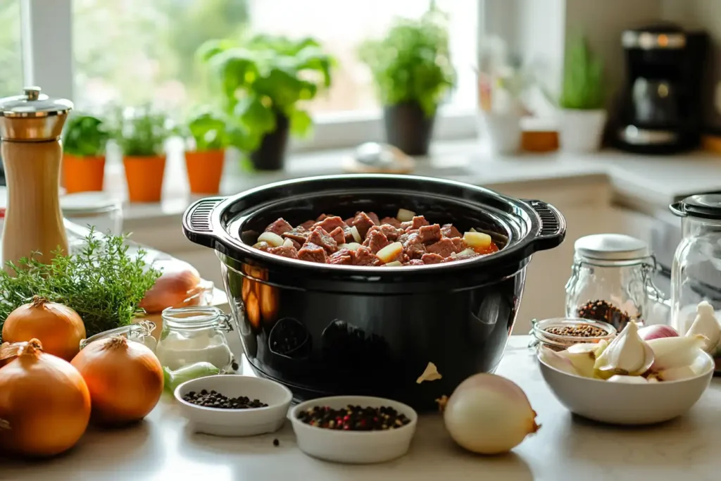 Ingredients for making cube steak in a crock pot, including steak, onions, and spices, arranged on a cozy kitchen counter.