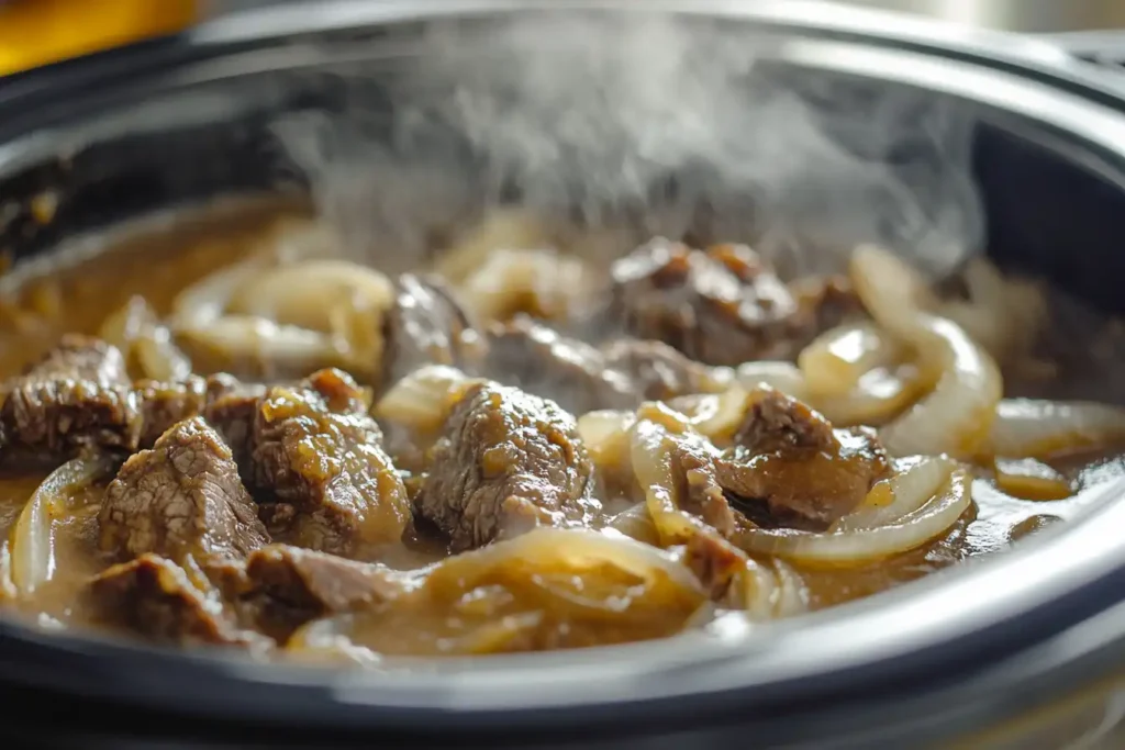 Layers of cube steak, onions, and gravy cooking in a crock pot, with steam rising and a kitchen setting in the background.