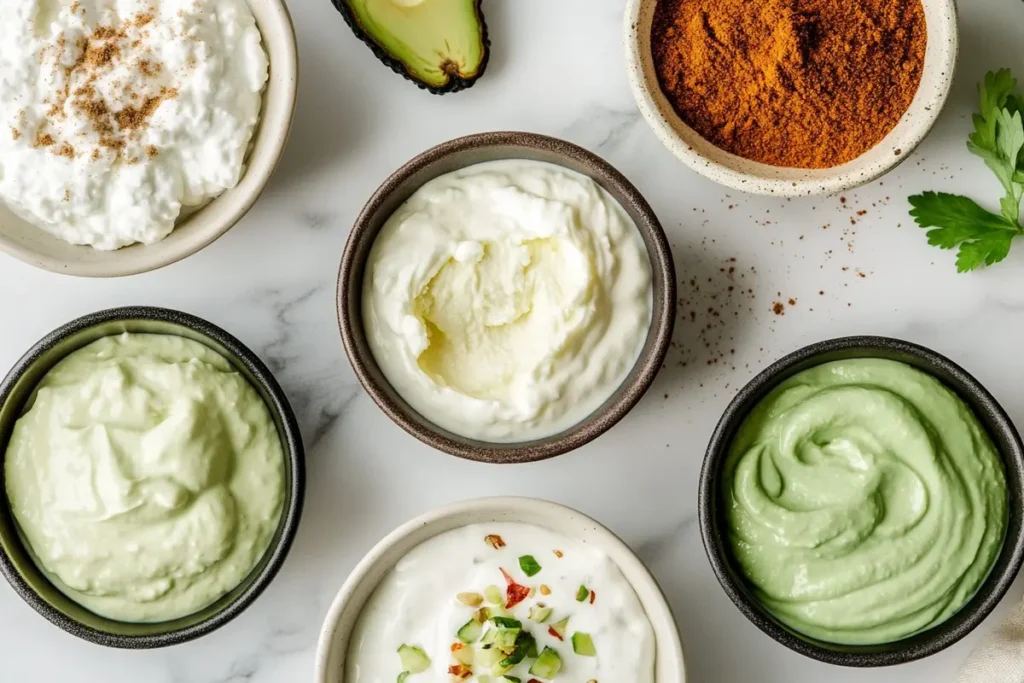 A variety of sour cream alternatives, such as Greek yogurt and avocado cream, neatly displayed in bowls with taco seasoning.