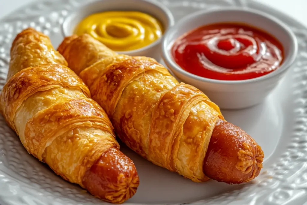 Freshly baked crescent dogs plated with ketchup and mustard for dipping, showcasing their golden-brown texture and appetizing appearance.