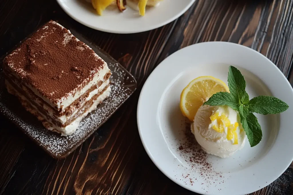 A table showcasing tiramisu garnished with cocoa powder and mint alongside lemon sorbet topped with candied lemon zest, perfect dessert pairings.