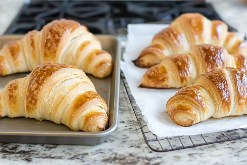 Golden-brown croissant and crescent roll side by side on a table, highlighting their differences in texture and appearance.