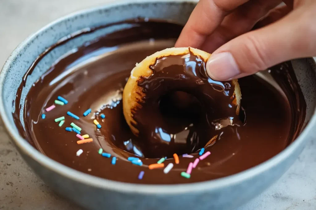 A hand dipping a donut into melted chocolate with sprinkles ready for decoration, showing the chocolate adhesion process for donuts.