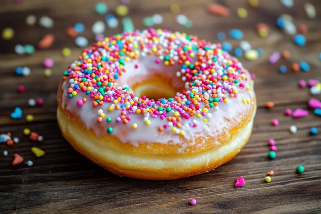 A glazed doughnut topped with vibrant, colorful sprinkles, placed on a rustic wooden table. Perfectly captures the essence of what doughnut sprinkles are called.