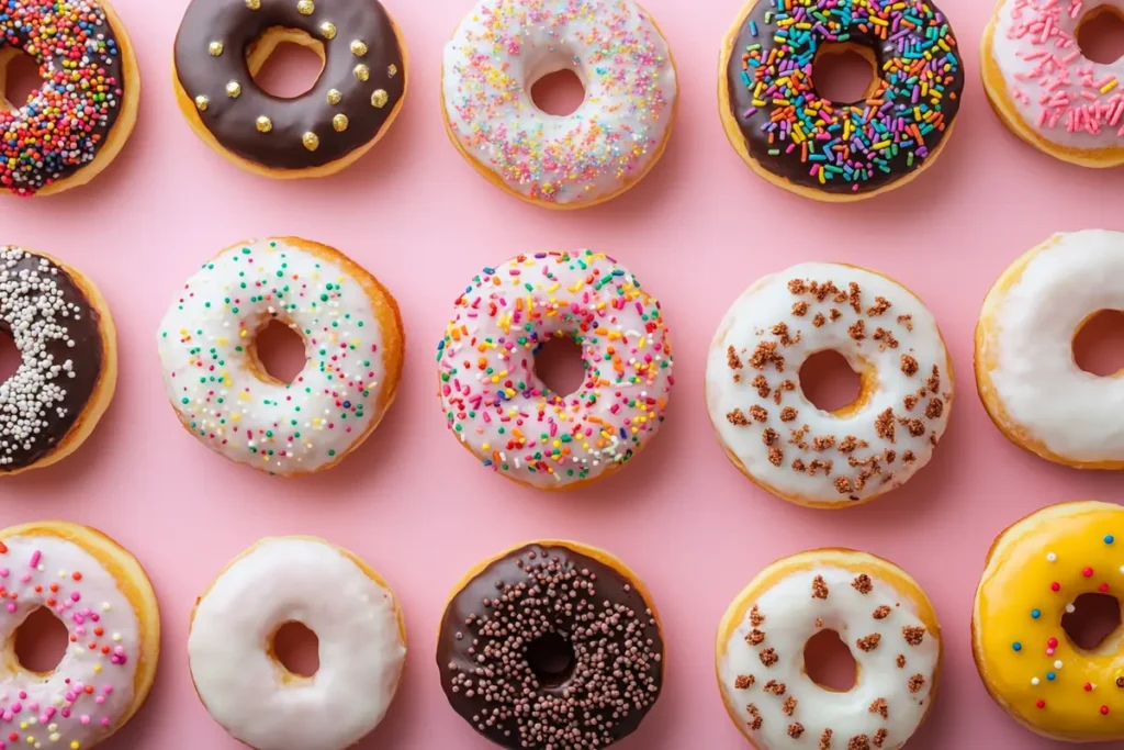 Assorted doughnuts topped with different sprinkle varieties like colorful jimmies, nonpareils, and dragées, placed on a pastel pink background.