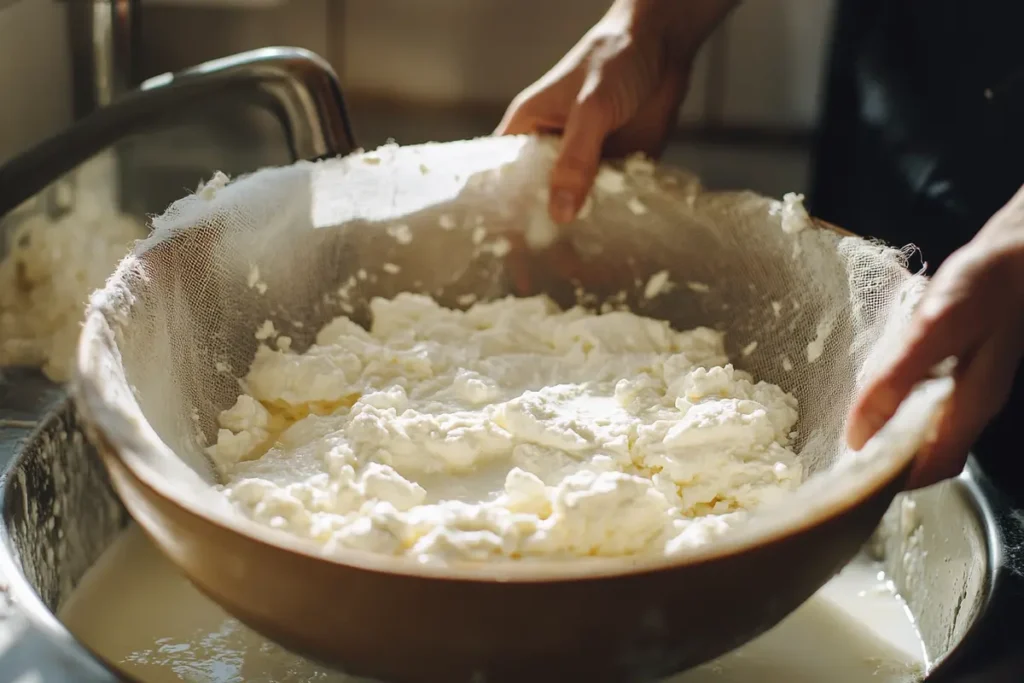 Drained ricotta cheese over a sink, captured with a homey, warm-toned aesthetic, highlighting proper preparation techniques.