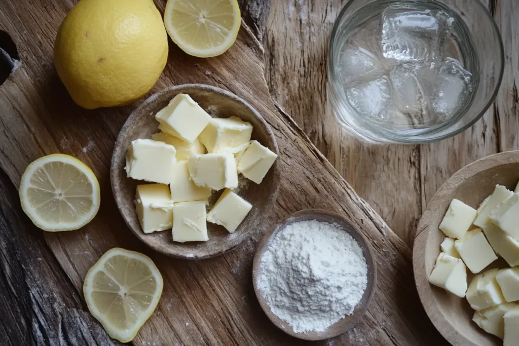 An overhead view of pie crust ingredients on a rustic wooden surface: flour, cold butter cubes, ice water with lemon slices, and a teaspoon of salt. The setup emphasizes the simplicity of the pie crust formula.