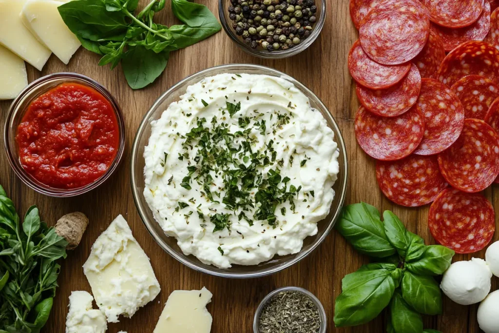 Ingredients for pizza dip, including cream cheese, mozzarella, pizza sauce, and toppings, laid out on a rustic countertop.