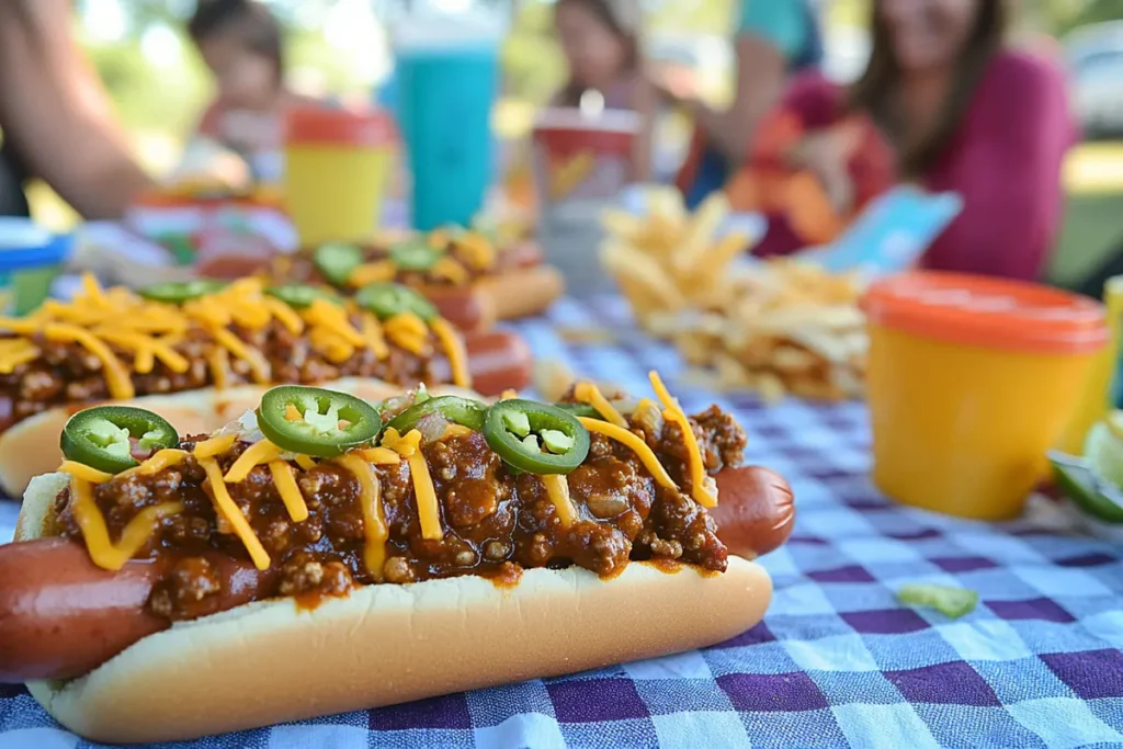 Arkansas-style hot dogs on a checkered tablecloth, topped with regional ingredients, part of a family picnic at a sunny park.