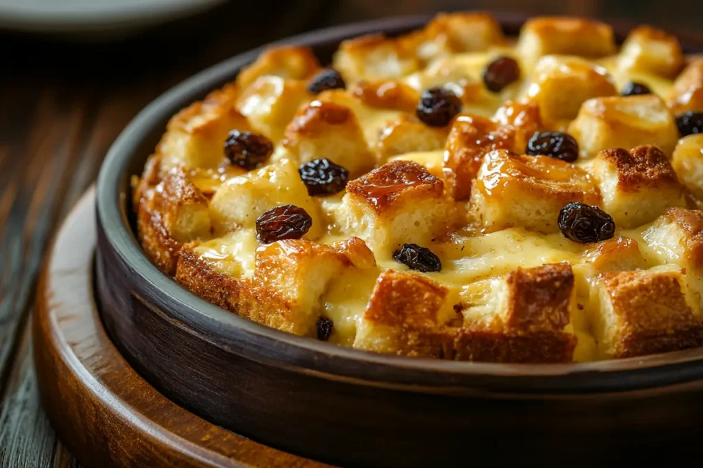 A close-up of bread pudding ingredients, including bread cubes and custard, arranged beautifully on a wooden surface.