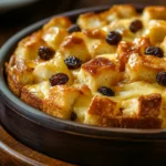 A close-up of bread pudding ingredients, including bread cubes and custard, arranged beautifully on a wooden surface.