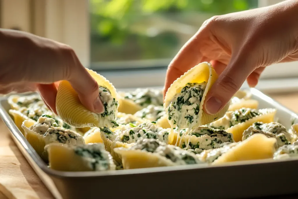 Hands carefully filling jumbo pasta shells with a ricotta and spinach mixture over a baking tray, ready for baking.