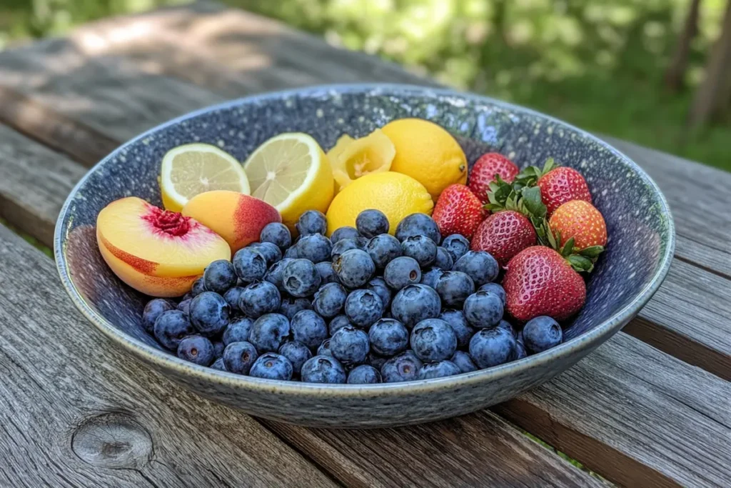 A bowl of fresh blueberries arranged with sliced lemons, peaches, and strawberries on a rustic wooden table, showcasing vibrant colors and natural beauty.