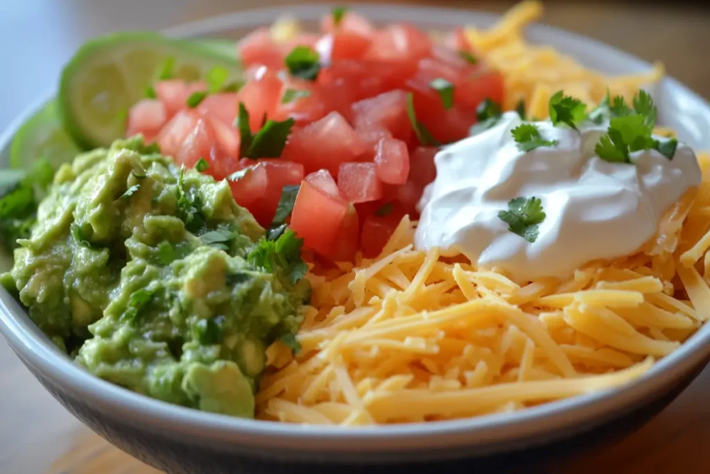 A close-up of fresh taco dip ingredients like diced tomatoes, shredded cheese, guacamole, and sour cream, all placed neatly on a wooden countertop.