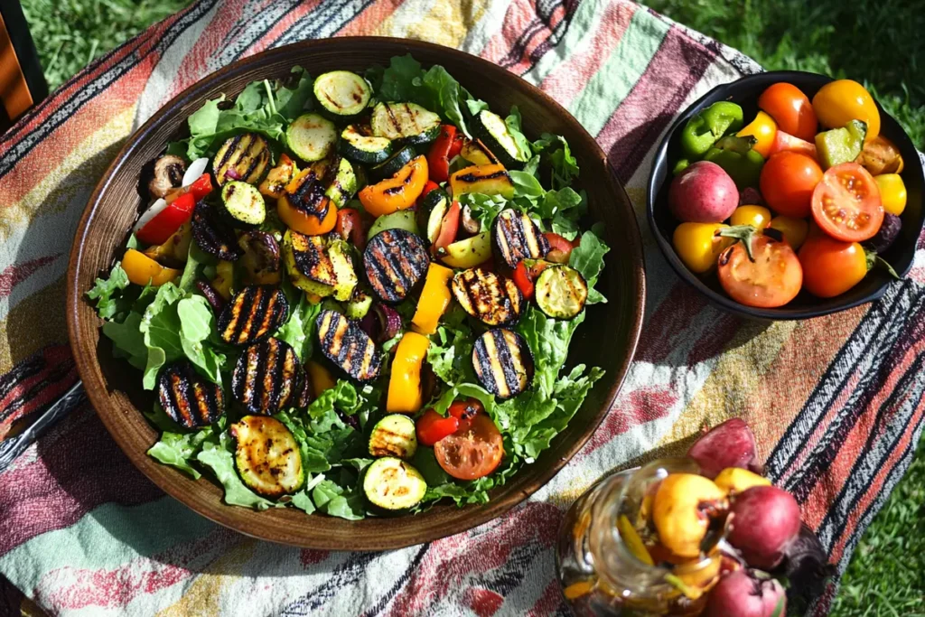 A vibrant garden salad with grilled vegetables and a refreshing fruit salad served on a checkered picnic tablecloth.