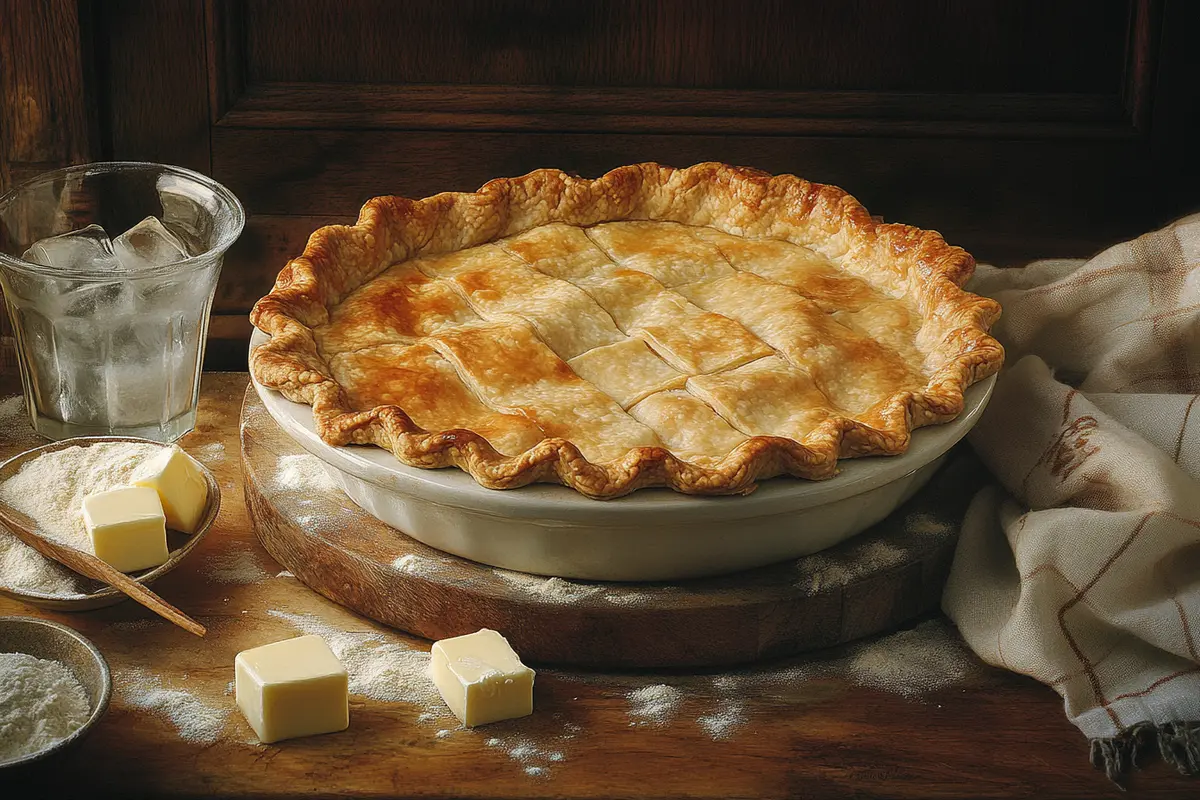 Golden and flaky 3-ingredient pie crust cooling on a wooden board with simple ingredients—flour, butter, and ice water—visible in the background. A rustic kitchen vibe highlights the simplicity of the recipe.