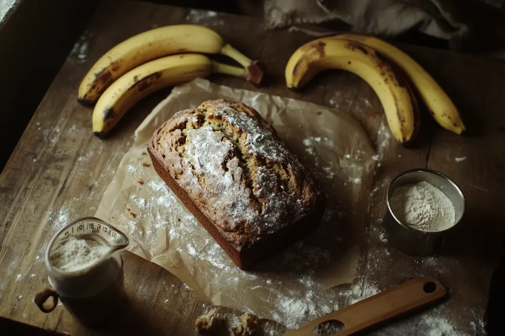 Freshly baked banana bread with ripe bananas and baking ingredients, showcasing a realistic home-baked aesthetic. Perfect for illustrating 'Did Hawaiian Rolls Really Come from Hawaii' with a focus on homemade comfort.