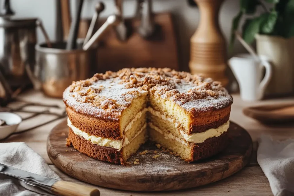 A close-up of a freshly baked coffee cake with cream cheese filling, sliced to reveal its creamy layers on a rustic counter.