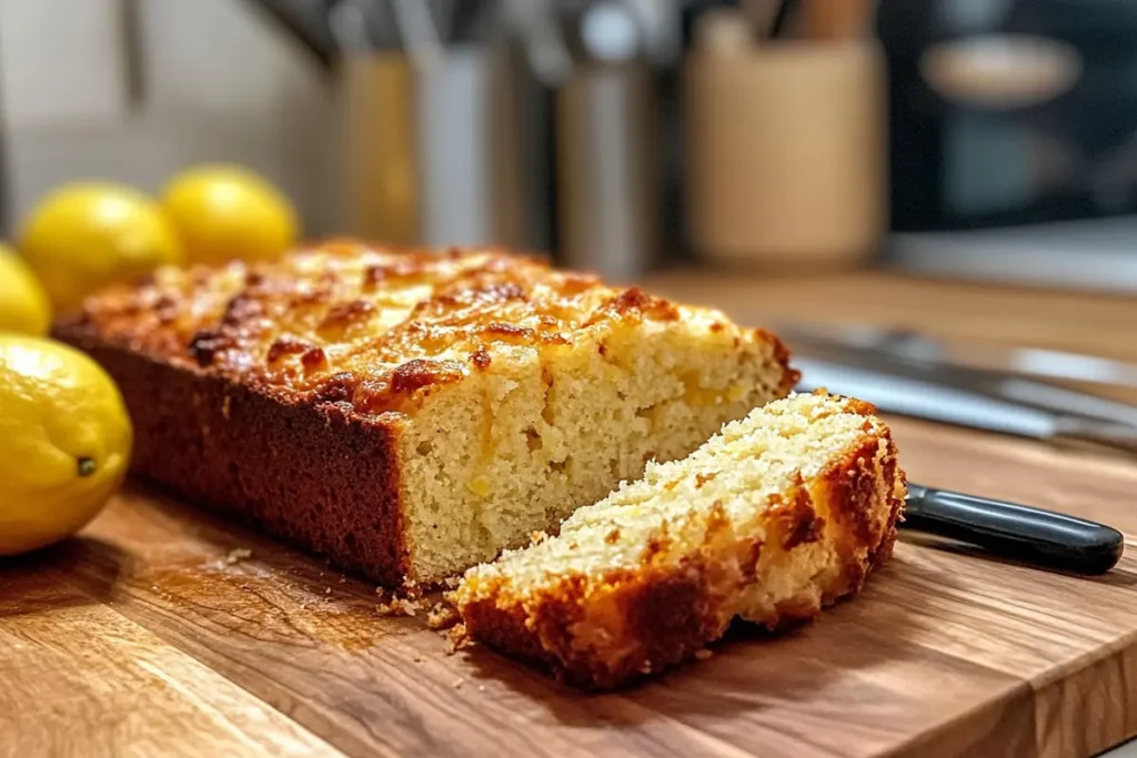 A moist lemon-flavored cake sliced to reveal a tender crumb, sitting on a rustic wooden countertop with lemons and utensils in the frame.