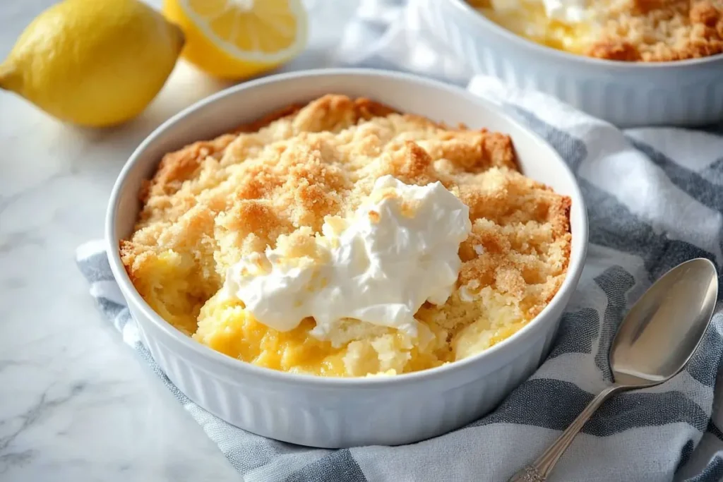 A bowl of golden-brown Lemon Dump Cake topped with whipped cream, served with fresh lemons on the side.