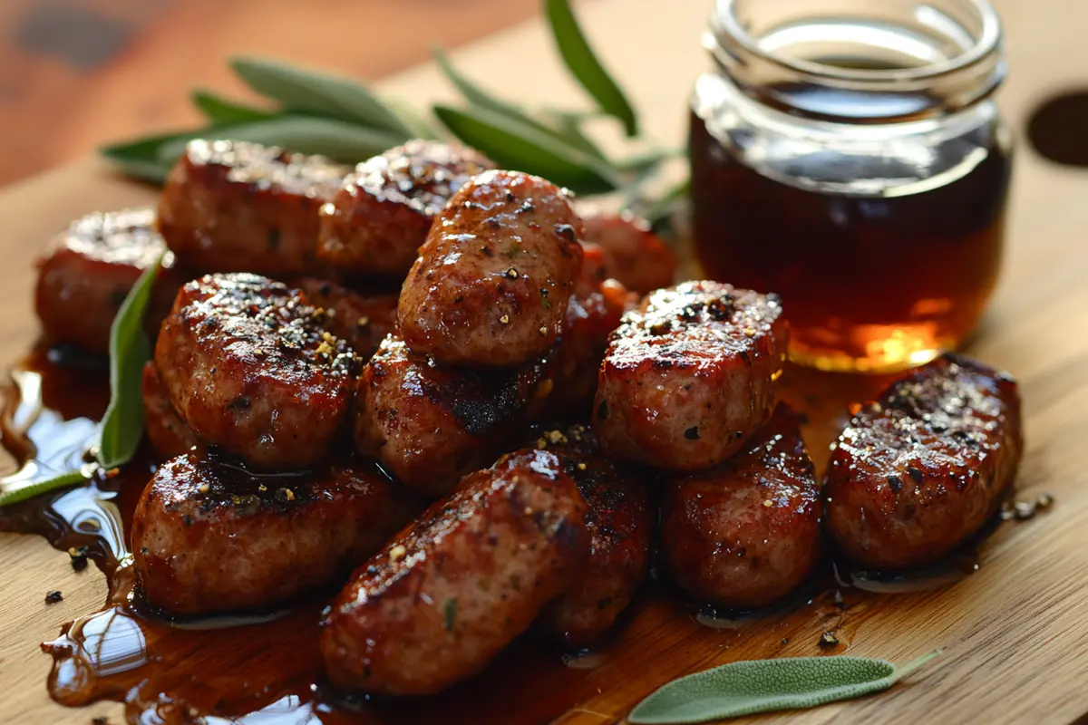 A close-up of breakfast sausage links on a wooden board, garnished with sage and black pepper, highlighting what gives breakfast sausage that distinct taste.