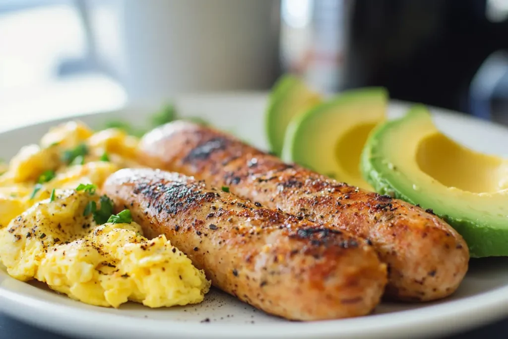 A plate of chicken breakfast sausages paired with scrambled eggs and avocado, showcasing a nutritious breakfast option.