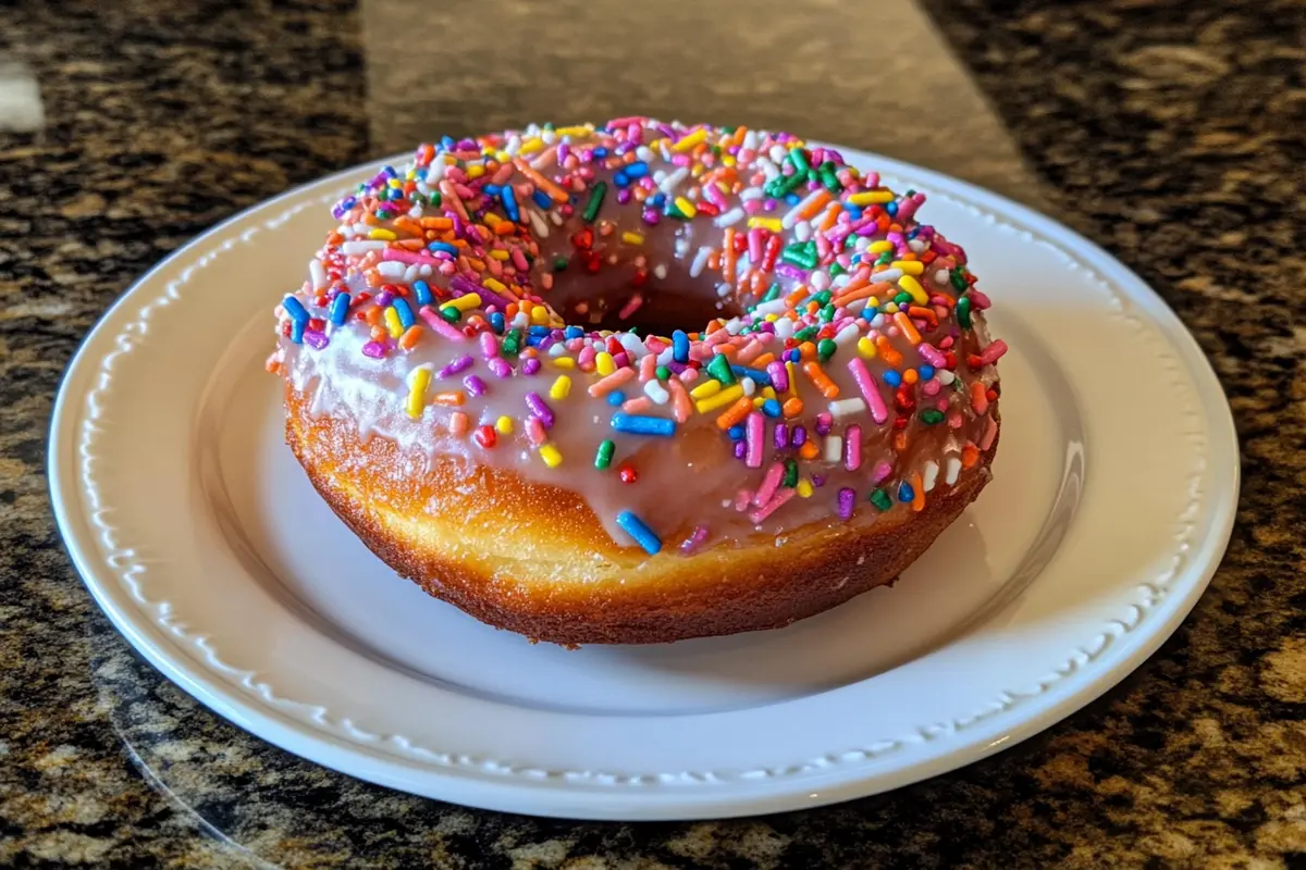 A close-up of a sprinkle donut featuring glossy vanilla glaze and colorful rainbow sprinkles, shot in natural light to enhance its vibrant appeal.