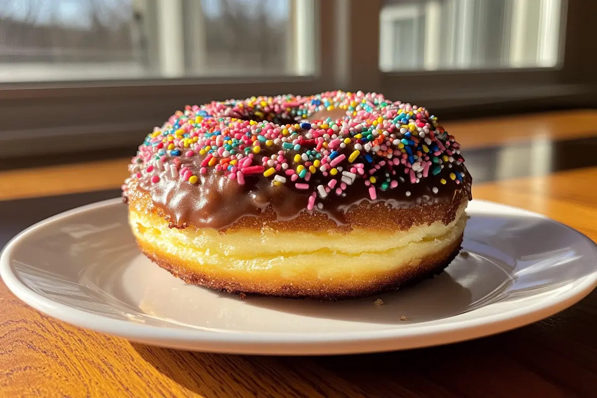 A realistic close-up of a sprinkle doughnut with colorful jimmies on a white plate. Natural light enhances its glaze and toppings.