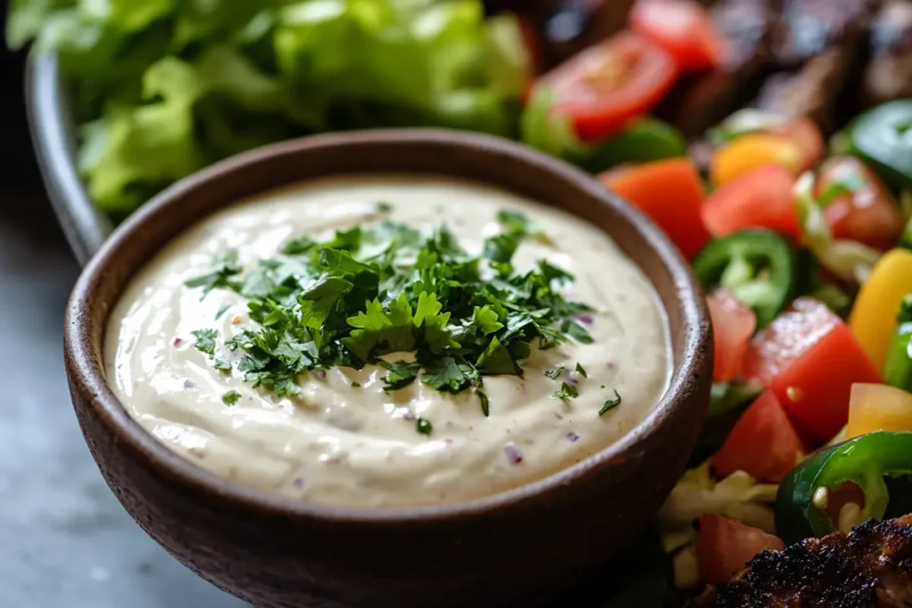 A close-up view of cream cheese sauce in a bowl surrounded by taco ingredients. Perfect for taco night recipes and featuring rich textures.