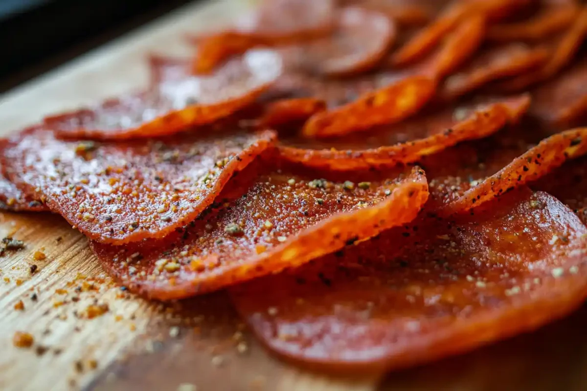 Freshly sliced pepperoni on a wooden cutting board, showcasing the texture, spices, and vibrant color. A clear example of what makes pepperoni taste like pepperoni.