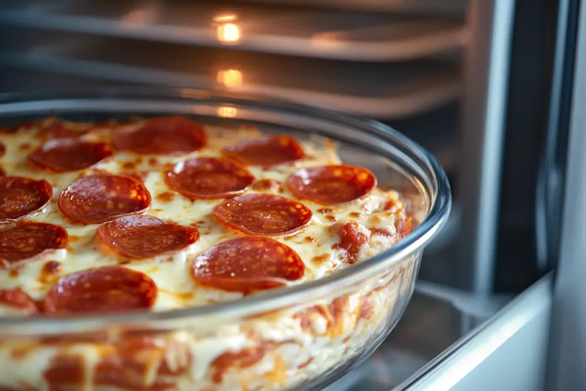 A glass bowl of freshly made pepperoni dip stored in a refrigerator, highlighting its freshness and ideal storage conditions.